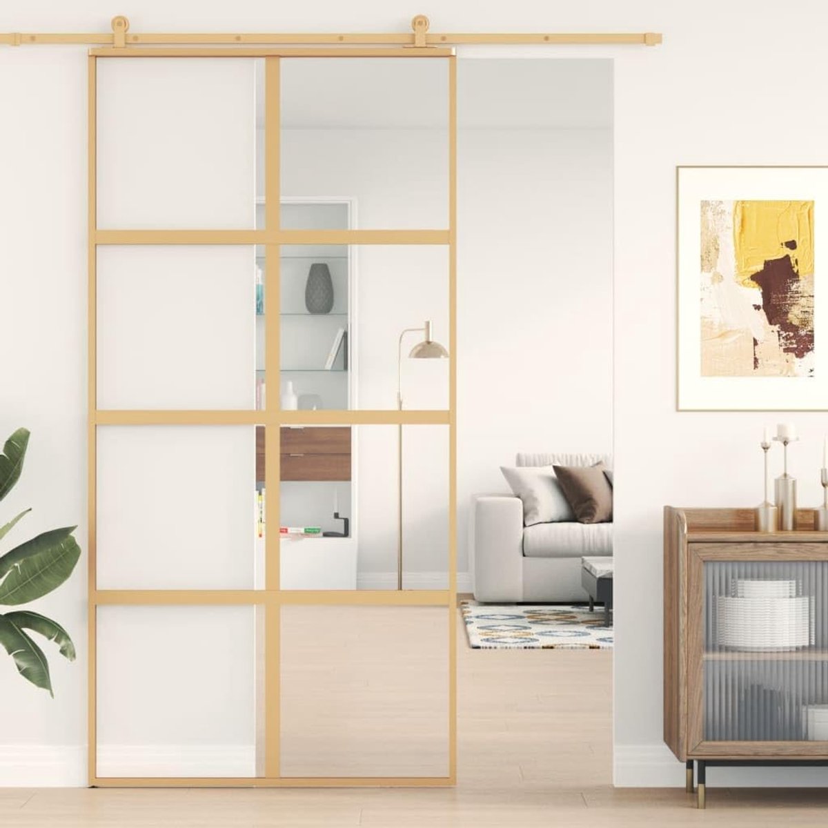 Schuifdeur, binnenste schuifdeur, schuifdeur voor keuken, badkamer, schuifdeur van gehard glas, toegangsdeuren, goud, 102,5 x 205 cm, transparant glas, aluminium