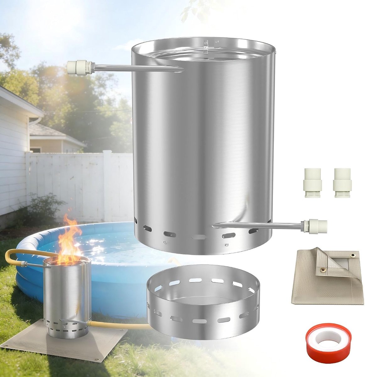Zwembadverwarming, vuurton met verwarmingsspiraal, Ø32 / Ø 38 mm 2-in-1 aansluiting, met brandwerende mat en geïntegreerde asbak, brandhoutverwarming, zilver, 2 stuks