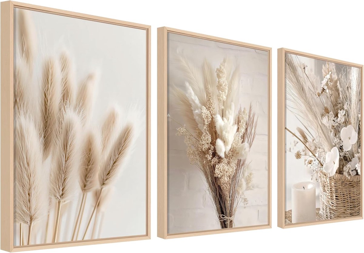 3 stuks, ingelijst, moderne foto, boho, beige, pampasgras, decoratie, Scandinavische bloemen, salie, gedroogd gras, planten, schilderijen, decoratieve foto's voor woonkamer, slaapkamer, lijst, beige
