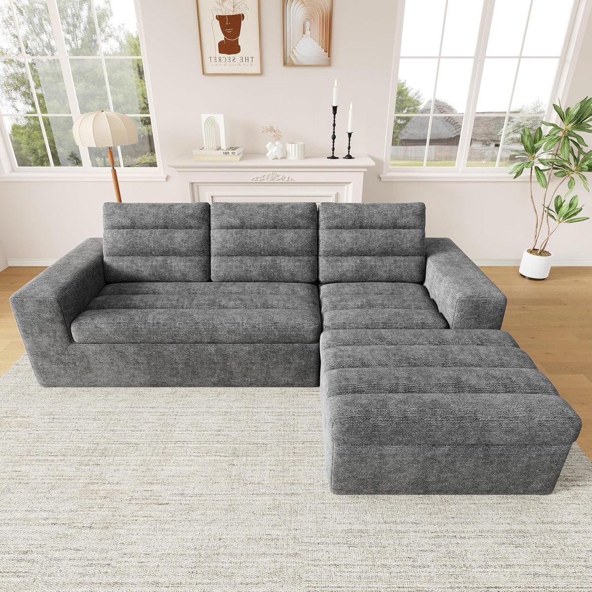 Modulaire hoekbank, L-vorm woonlandschap van chenille, frameloze bank met kussen, vrij combineerbare bank zonder montage voor woonkamer, grijs, 4-zits (lichtgrijs-5S)