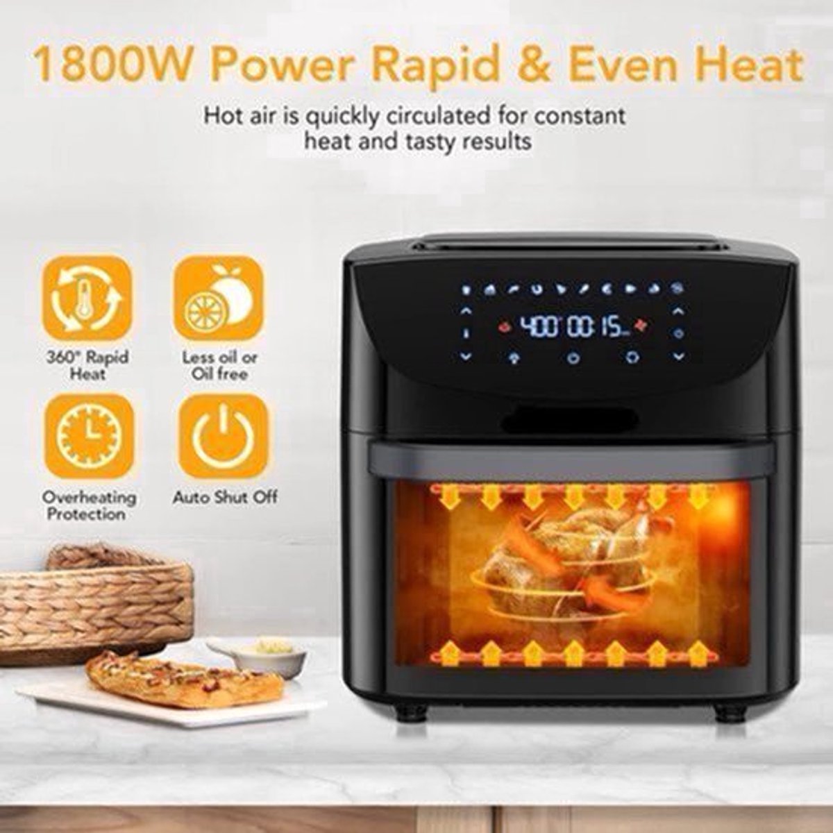Airfryer - 18L – Heteluchtfriteuse - 10-in-1 Digitale Convectie Oven – 1800W - Airfryer en Toaster Combinatie – Groot Formaat - met LED Scherm - Meerdere Rekniveau's