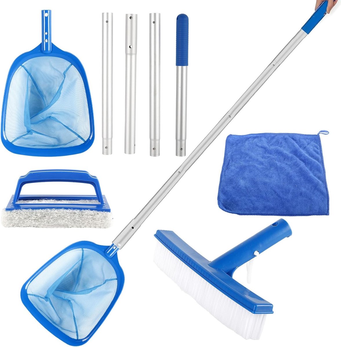 Poolnetset met telescopische steel (146 cm), zwembadborstel en schoonmaakdoek voor zwembaden, spa's, vijvers, whirlpools en opzetzwembaden