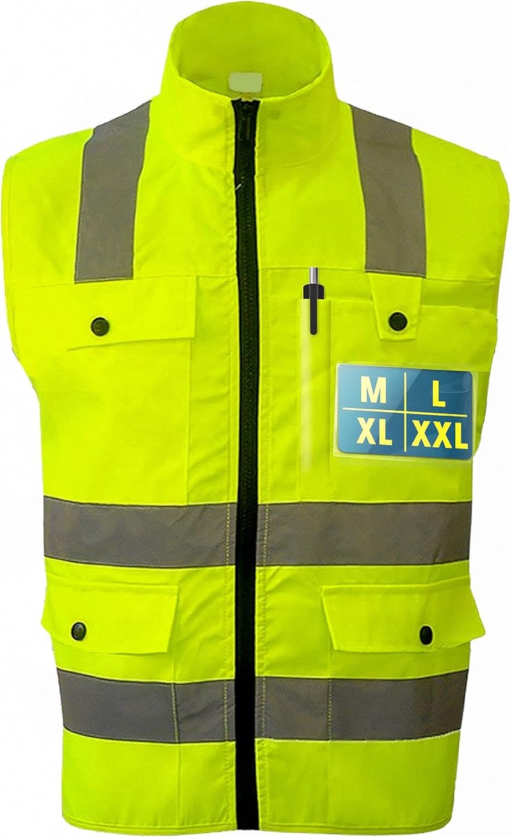 Hoge Zichtbaarheid Vest met Zakken en Rits - Extra Hoge Zichtbaarheid - Wasbaar - Unisex (DE/NL/SE/PL, Alfabetisch, XXL, Regular, Regular, Neon geel)