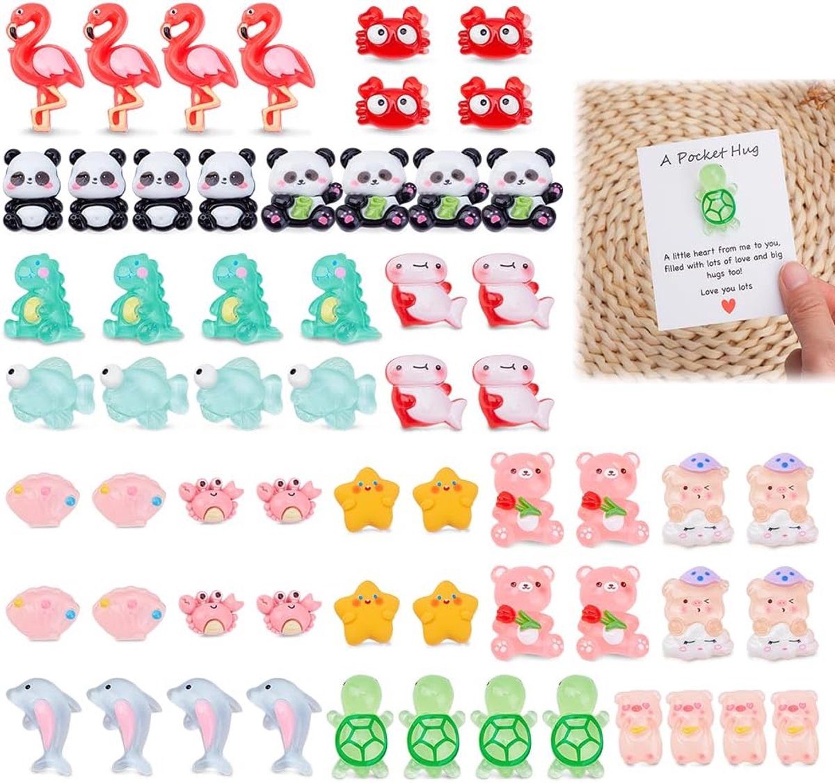 60 Set Little Pocket Knuffel Bulk Hars Dier Pocket Knuffel Token met Inspiratiekaart, Organza Tas Plastic Stickers Wenskaarten Keepsake Exchange Card voor werknemer, collega, vriend