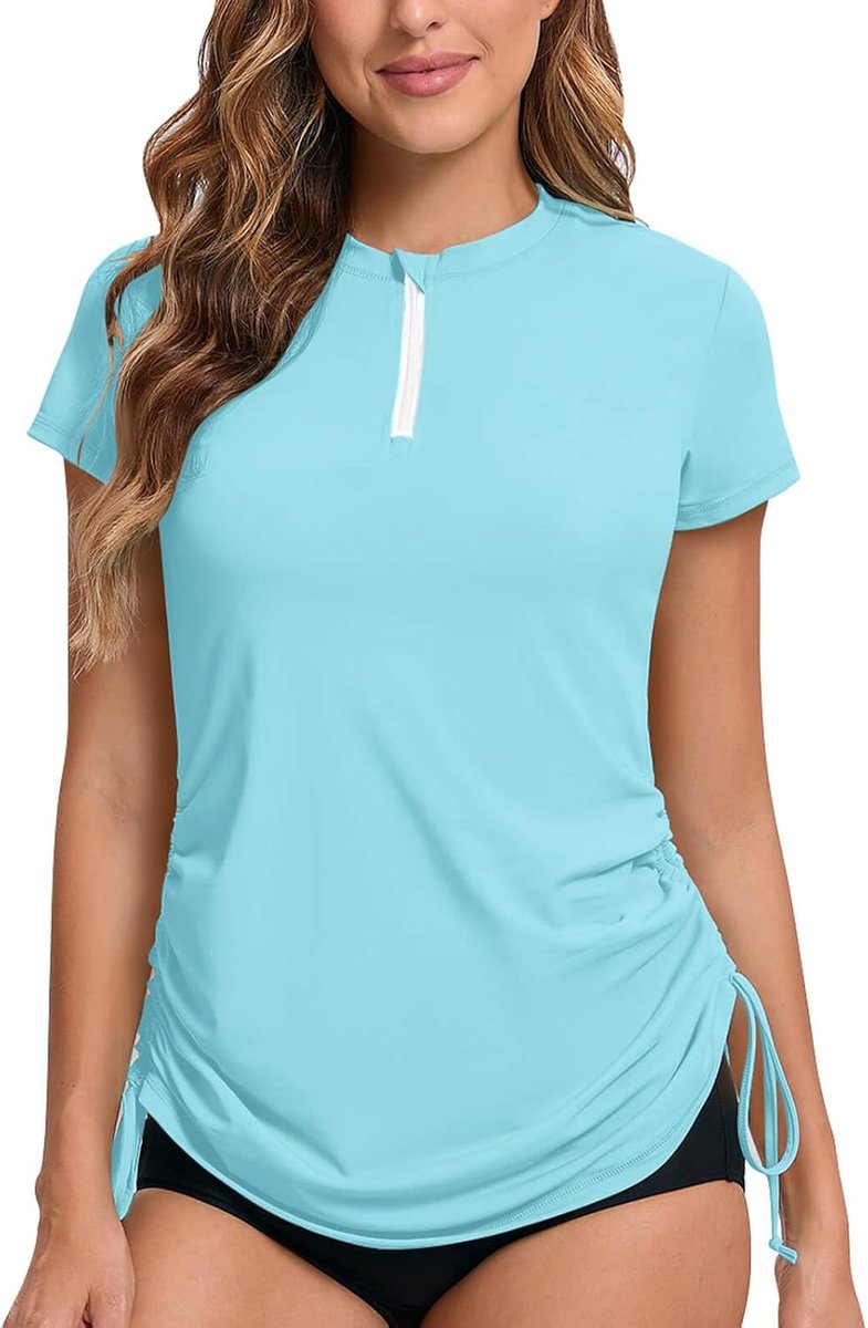 Rash Vest Korte Mouw Rash Guard 1/4 Zip Front UV Swim Top Sneldrogende Zwemshirts Verstelbare Zoom UPF 50+