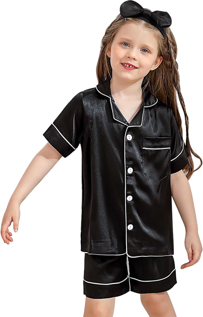 Pyjama Meisjes Jongens Zijden Set met Haarband Knopen Pyjama Nachtkleding Loungkleding Kledingset