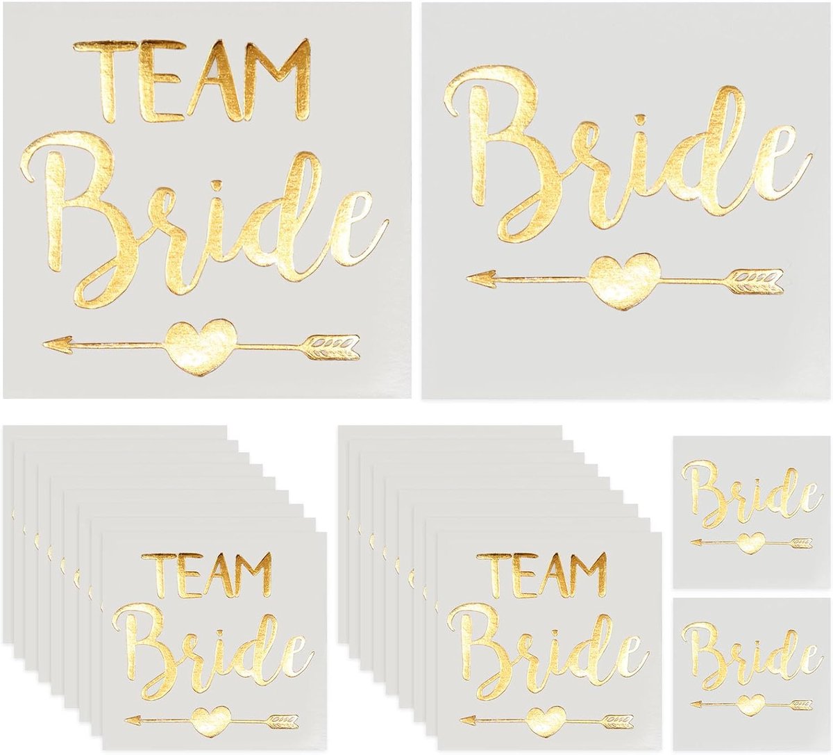 Tijdelijke Team Bride-tatoeages, gouden Team Bride-tatoeages voor vrijgezellenfeesten, met 2 bruiden + 18 Team Brides, voor decoratie en accessoires voor een vrijgezellenfeest (Gouden Hart)