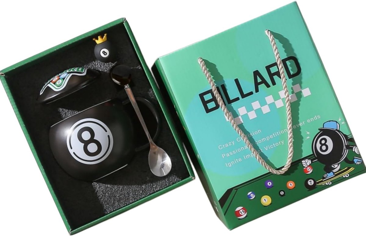 Biljartmok met 8 ballen, geschenkset, keramische mok 420 ml met deksel en lepel, zwembadbal beker, geschenkdoos voor biljartspeler, koffiecadeau voor mannen (model B)