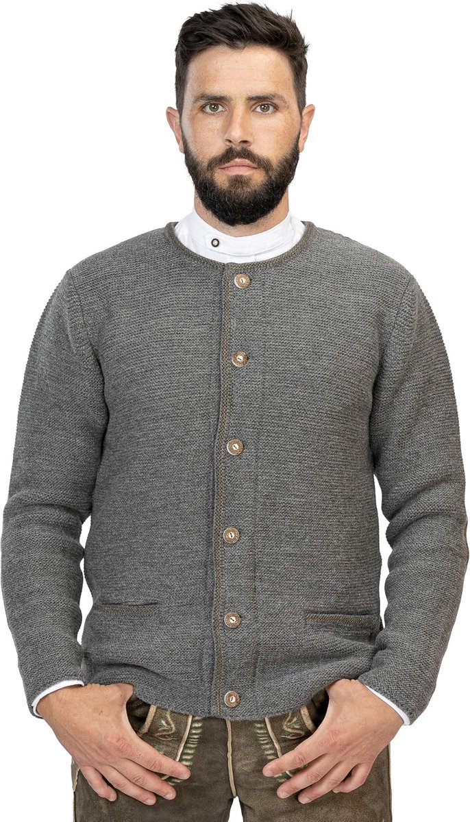 Gebreide jas voor heren van wol, elegante klederdrachtjas, cardigan & lederhose, grijs Niklas