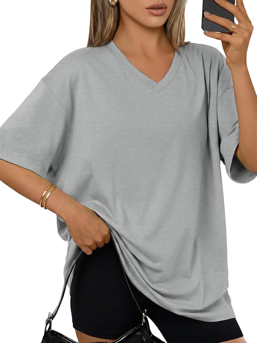 T-shirt dames V-hals oversized bovenstuk basic losse korte mouwen tuniek dames zomer lang shirt met split effen top