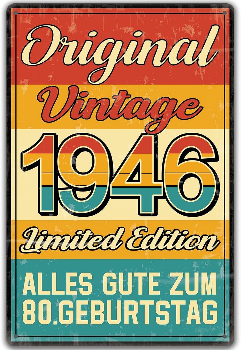 bord voor verjaardag, origineel 1946, cadeau, 80ste verjaardag voor man en vrouw, grappig verjaardagsbord als verjaardagskaart, verjaardagscadeau voor mannen en vrouwen, vintage metalen bord