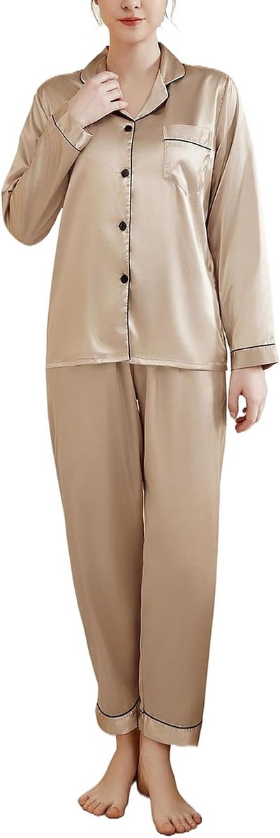 Pyjama dames lange satijnen pyjama set vrouwen met knoopsluiting V-hals tweedelige nachtkleding zachte zijde loungewear huispak