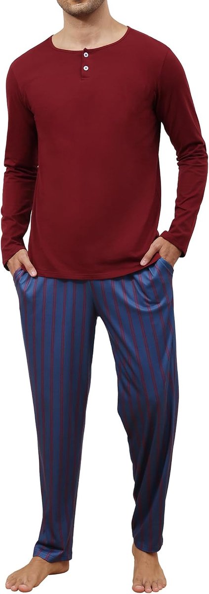 pyjama voor heren, van katoen, warme nachtkleding voor de winter, pyjamaset, lange mouwen, met knopen en gestreepte broek met zakken, 2-delig, zacht en comfortabel