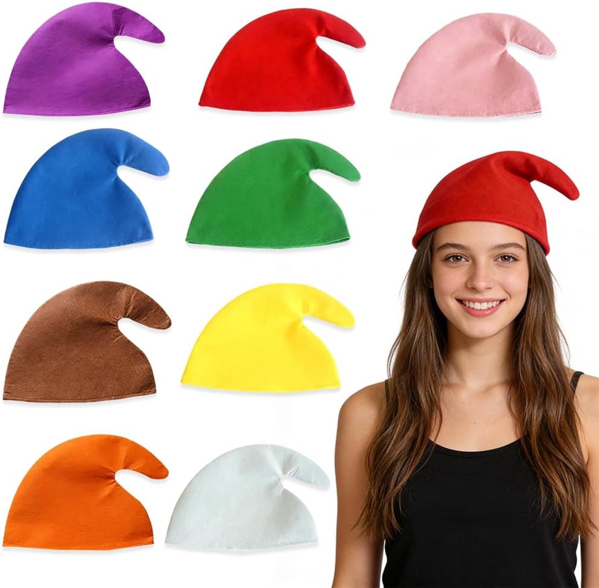 9-delige kerstelfenmuts, kerstkabouterhoed, kerstmuts voor kinderen en volwassenen, kerstkostuum voor Halloween-feest, cosplay, maskerade, rollenspel