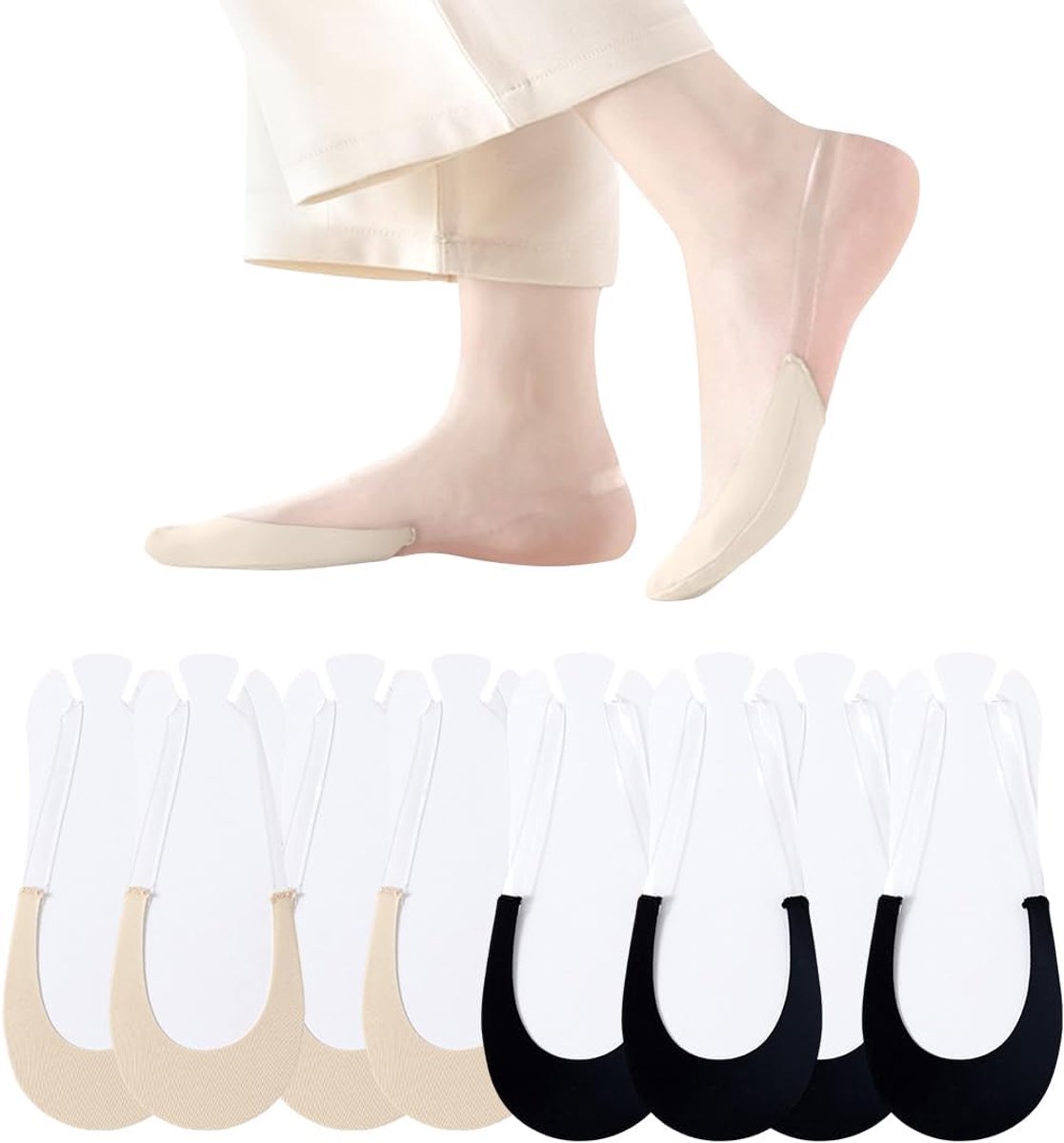 Sokken, 4 paar, ballerinasokken met antislip TPU-band, lage sokken voor hakschoenen en elegante schoenen