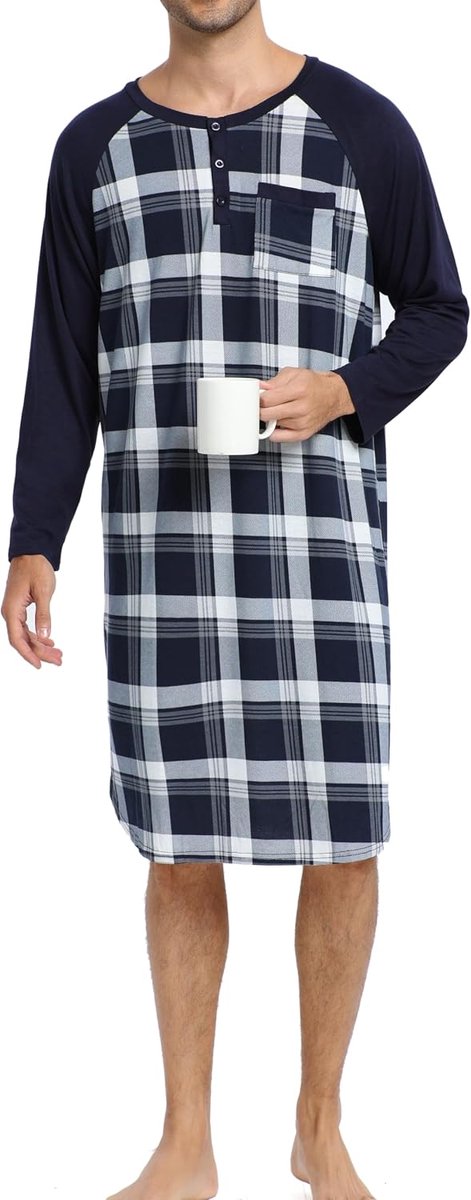 Heren nachthemd lange mouwen knielang slaapshirt
