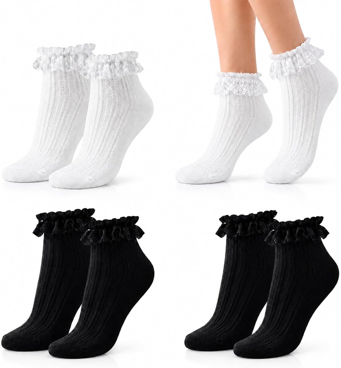 4 paar sokken met ruches voor dames, zwart en wit, klederdrachtsokken voor dames, middelhoog, ruches, sokken met kant, voor dirndl, leren broek, Oktoberfest, volksfeest, feest, bruiloft en