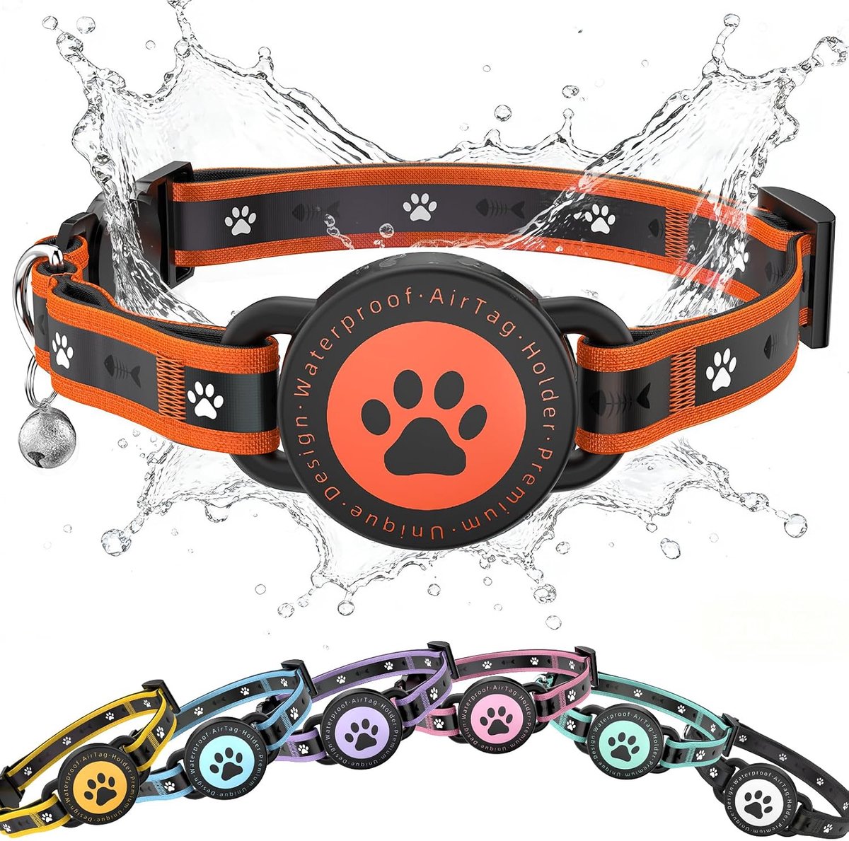 Kattenhalsband voor AirTag met Veiligheidssluiting, Reflecterend Halsband met AirTag-houder en Bel, Comfortabel Gevoerd, Verstelbaar en Waterdicht Voor Katjes (Oranje, 8"-10.5")