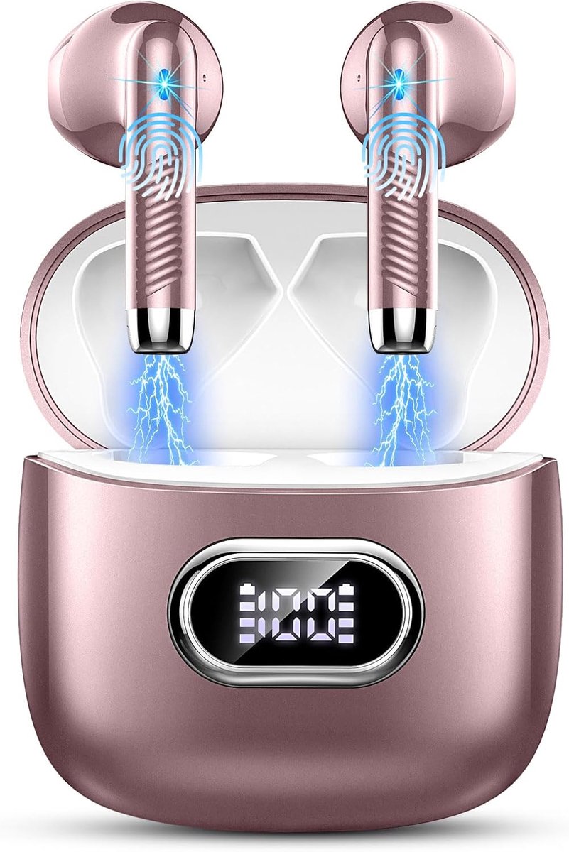 Hoofdtelefoon, draadloos, Bluetooth 5.3, in-ear hoofdtelefoon met 4 HD-microfoons, 42 uur ENC Noise Cancelling Earbuds, diepe bas, IP7 waterdicht, USB-C, roségoud