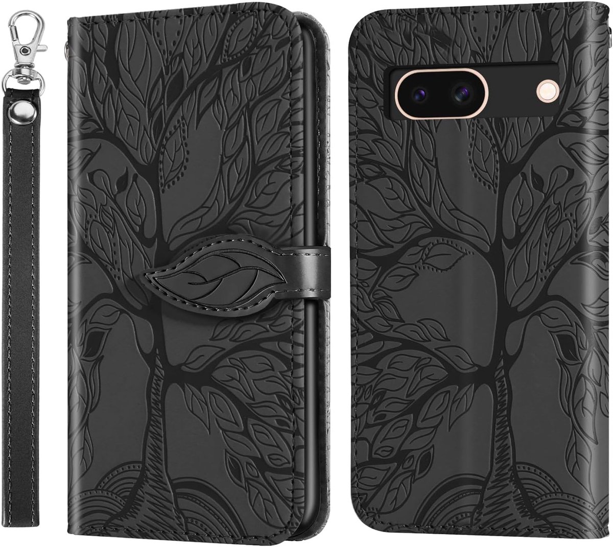 Telefoonhoesje voor Google Pixel 8a 5G, PU-leer, met magneetsluiting, boompatroon in reliëf, beschermend portemonneehoesje met kaartsleuven voor Google 8 5G, zwart
