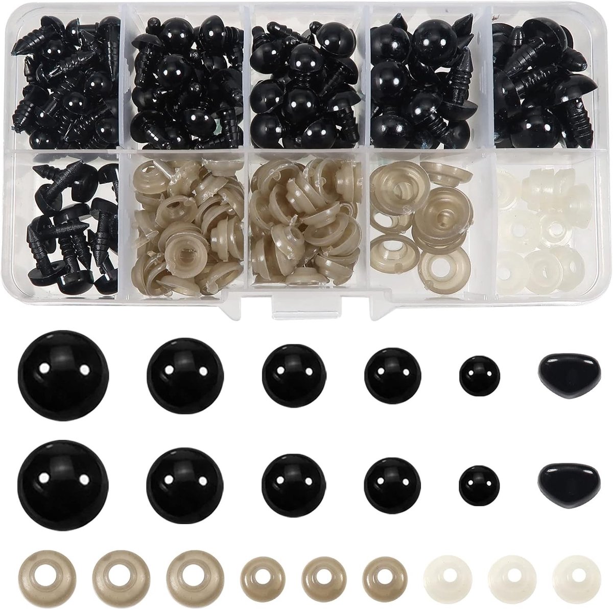 110 Stuks Veiligheidsogen en Neus met Wasjes voor Amigurumi, Pluche Dieren en Handwerk - Zwart 6 tot 12 mm