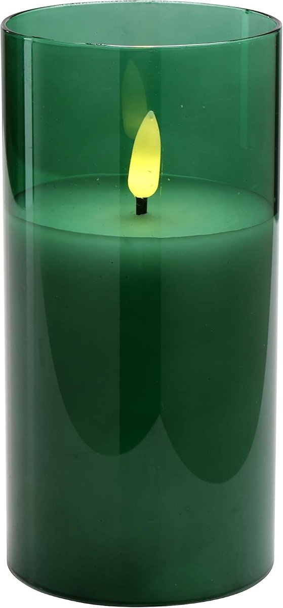 Dekorationsbedarf Elegante LED-kaars in glas - timer - realistisch flikkerend (groen, hoogte: 15cm - Ø 7,5cm)