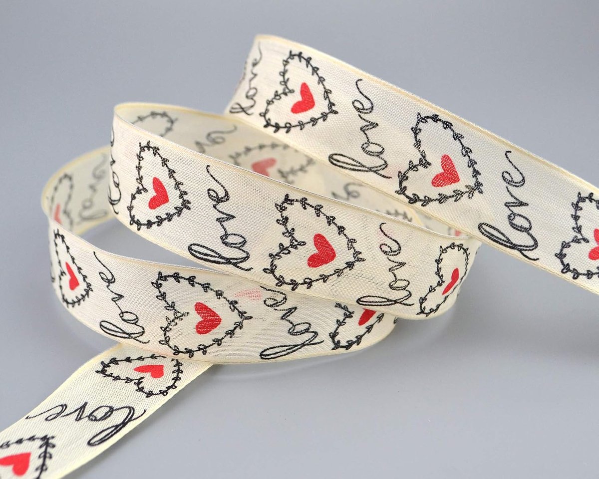 20 m x 25 mm Dekoband Love Love Love Love Love Love Love Love Love, lint met draadranden eenzijdig bedrukt met tekst en hartjes cadeaulint Valentijnsdag bruiloft harten verjaardag