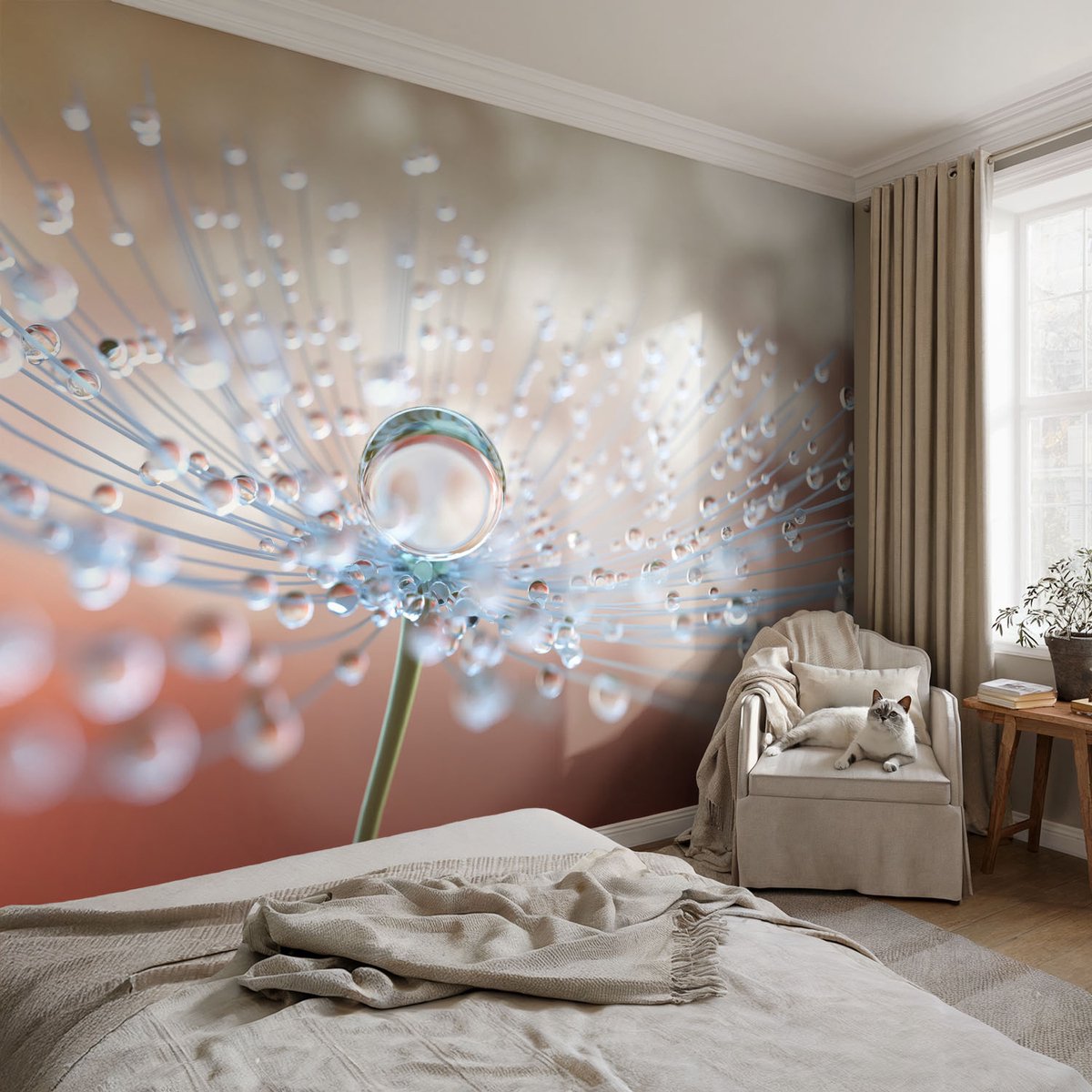 Coloray Vliesbehang - Wit Snellijm Behang - 104x70 cm - Een Druppel Op Een Paardenbloem Fotobehang Vlies - Hal behang Bloemen En Planten - Muurschildering - Woonkamer behang