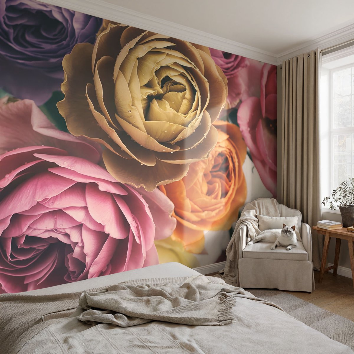 Coloray Vliesbehang - Roze Snellijm Behang - 104x70 cm - Kleurrijke Rozen Muurschildering - Gang behang Bloemen En Planten - Fotobehang Vlies - Gang behang