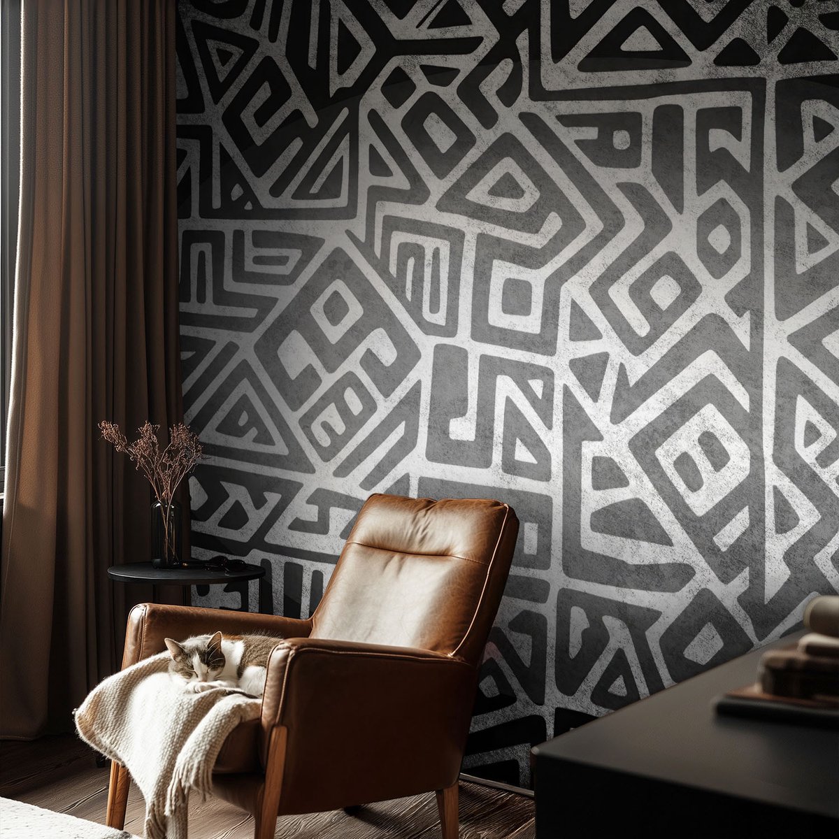 Coloray Vliesbehang - Zwart-Wit Snellijm Behang - 104x70 cm - Geometrisch Doolhof Muurschildering - Gang behang Geometrie - Fotobehang Vlies - Gang behang