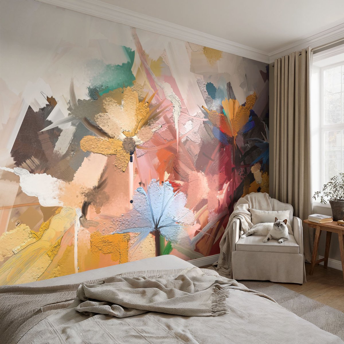 Coloray Vliesbehang - Beige Snellijm Behang - 104x70 cm - Abstracte Bloemen Muurschildering - Slaapkamer behang Deel - Fotobehang Vlies - Gang behang