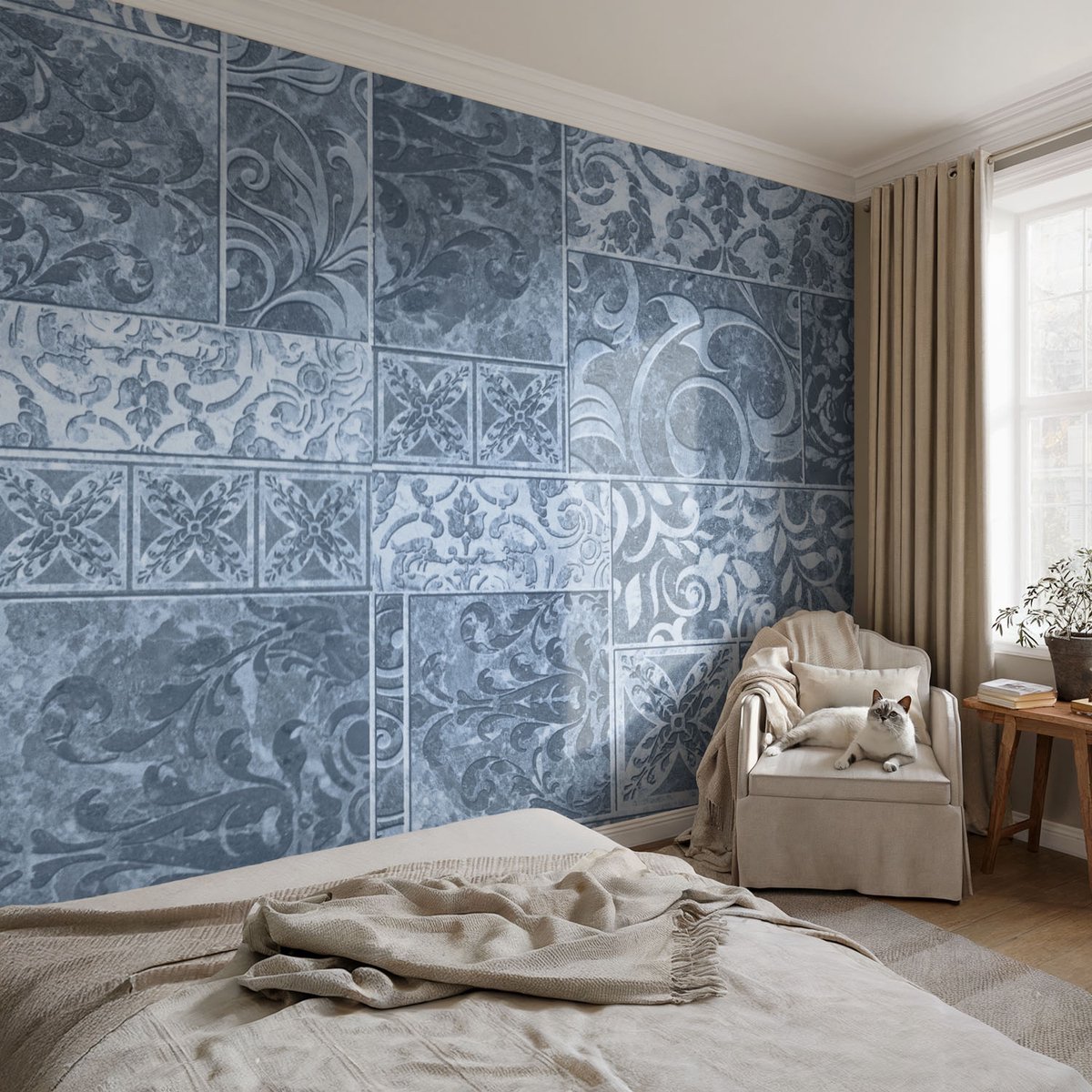 Coloray Vliesbehang - Blauw Snellijm Behang - 104x70 cm - Plantenornamenten Muurschildering - Slaapkamer behang Achtergronden En Patronen - Fotobehang Vlies - Slaapkamer behang