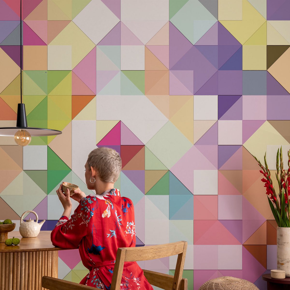 Coloray Vliesbehang - Paars Snellijm Behang - 104x70 cm - Kleurrijke Vormen Fotobehang Vlies - Hal behang Geometrie - Muurschildering - Woonkamer behang