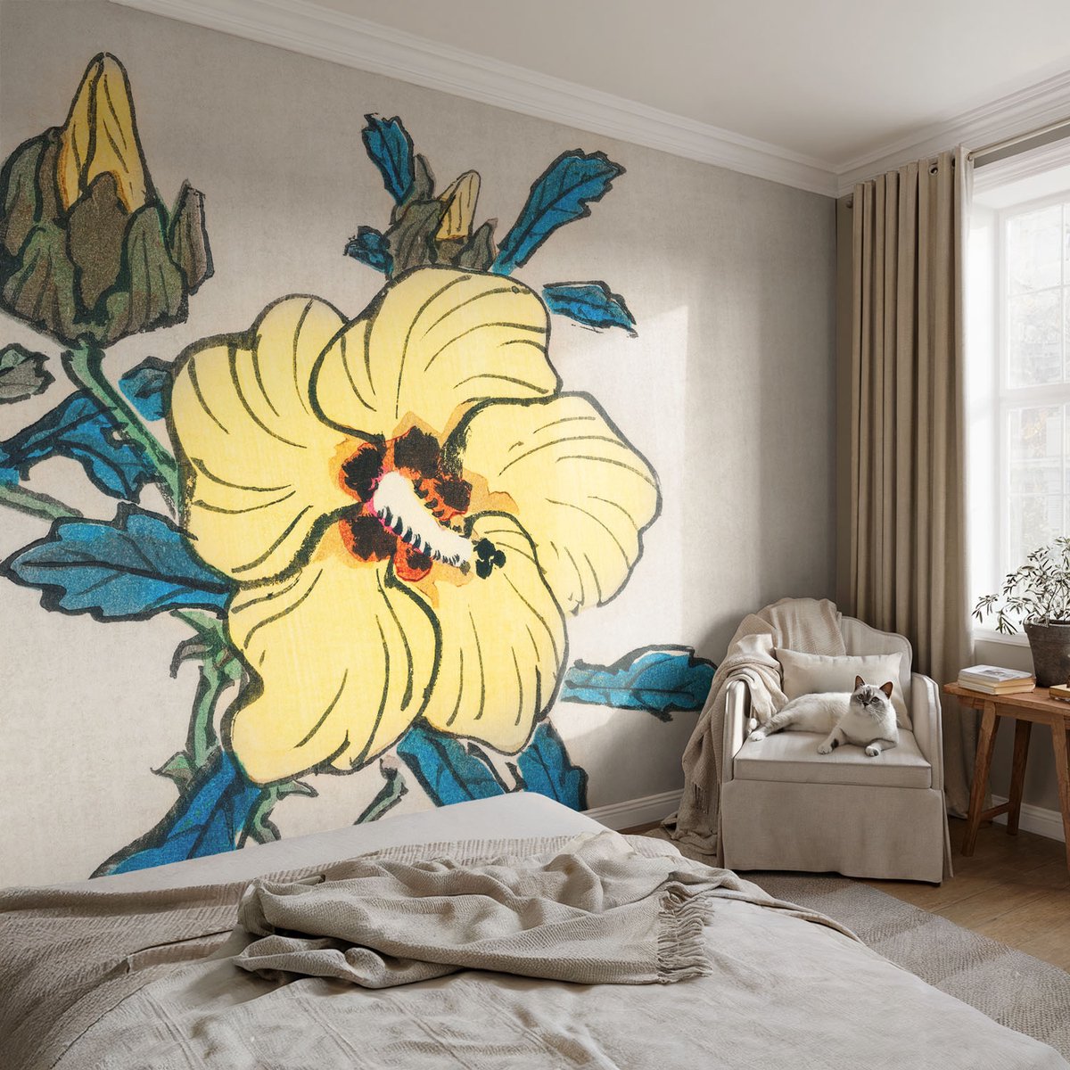 Coloray Vliesbehang - Geel Snellijm Behang - 104x70 cm - Gele Bloem Muurschildering - Slaapkamer behang Bloemen En Planten - Fotobehang Vlies - Slaapkamer behang