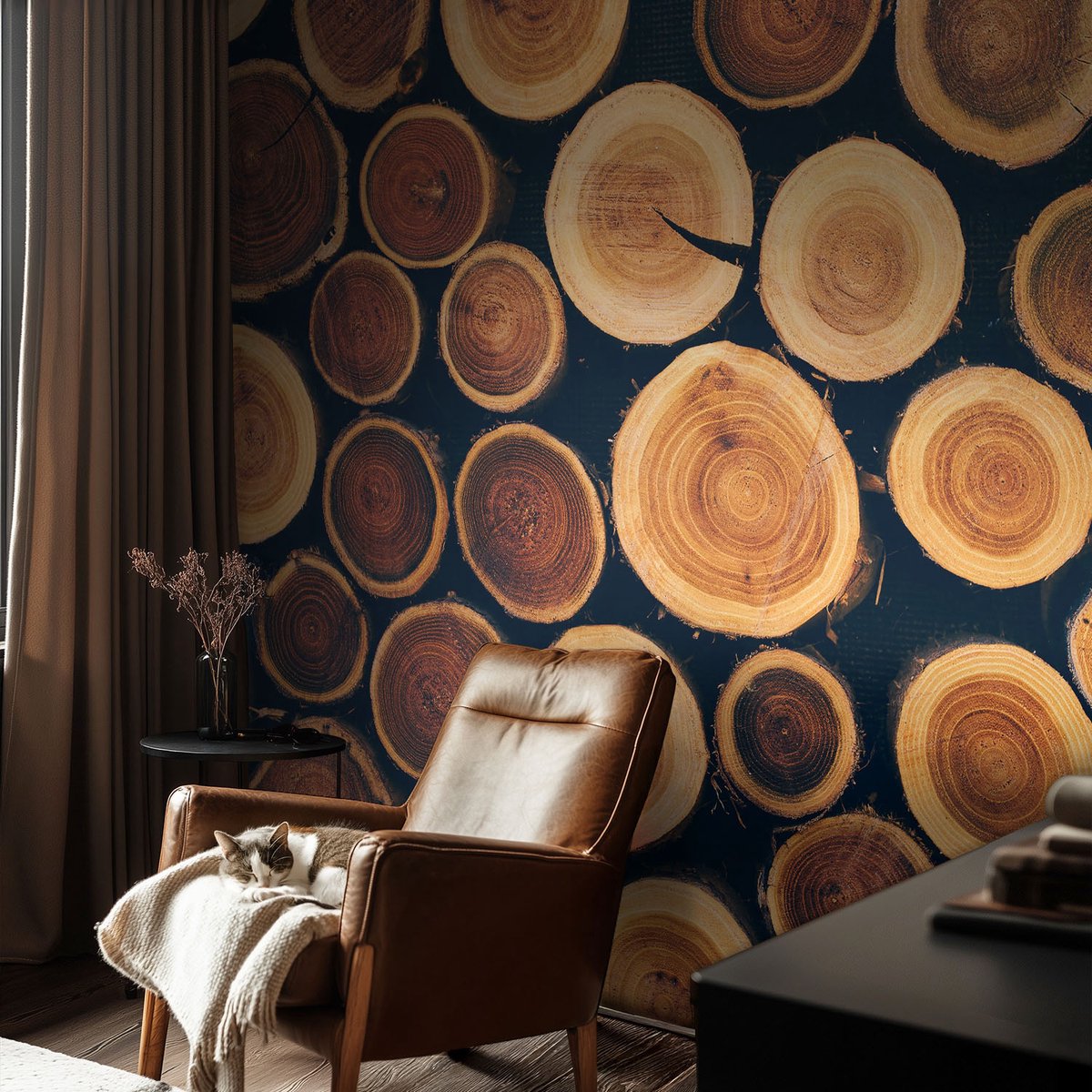 Coloray Vliesbehang - Bruin Snellijm Behang - 104x70 cm - Houten Cirkels Muurschildering - Gang behang Texturen - Fotobehang Vlies - Slaapkamer behang