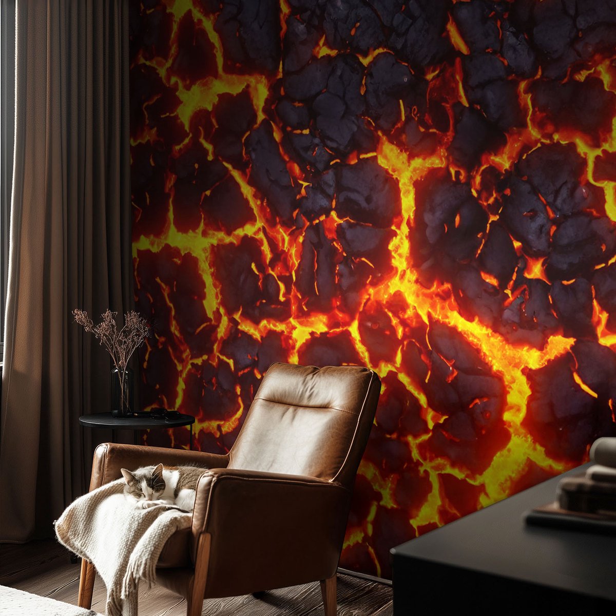 Coloray Vliesbehang - Zwart Snellijm Behang - 104x70 cm - Sterke Magma Fotobehang Vlies - Hal behang Abstractie - Muurschildering - Woonkamer behang