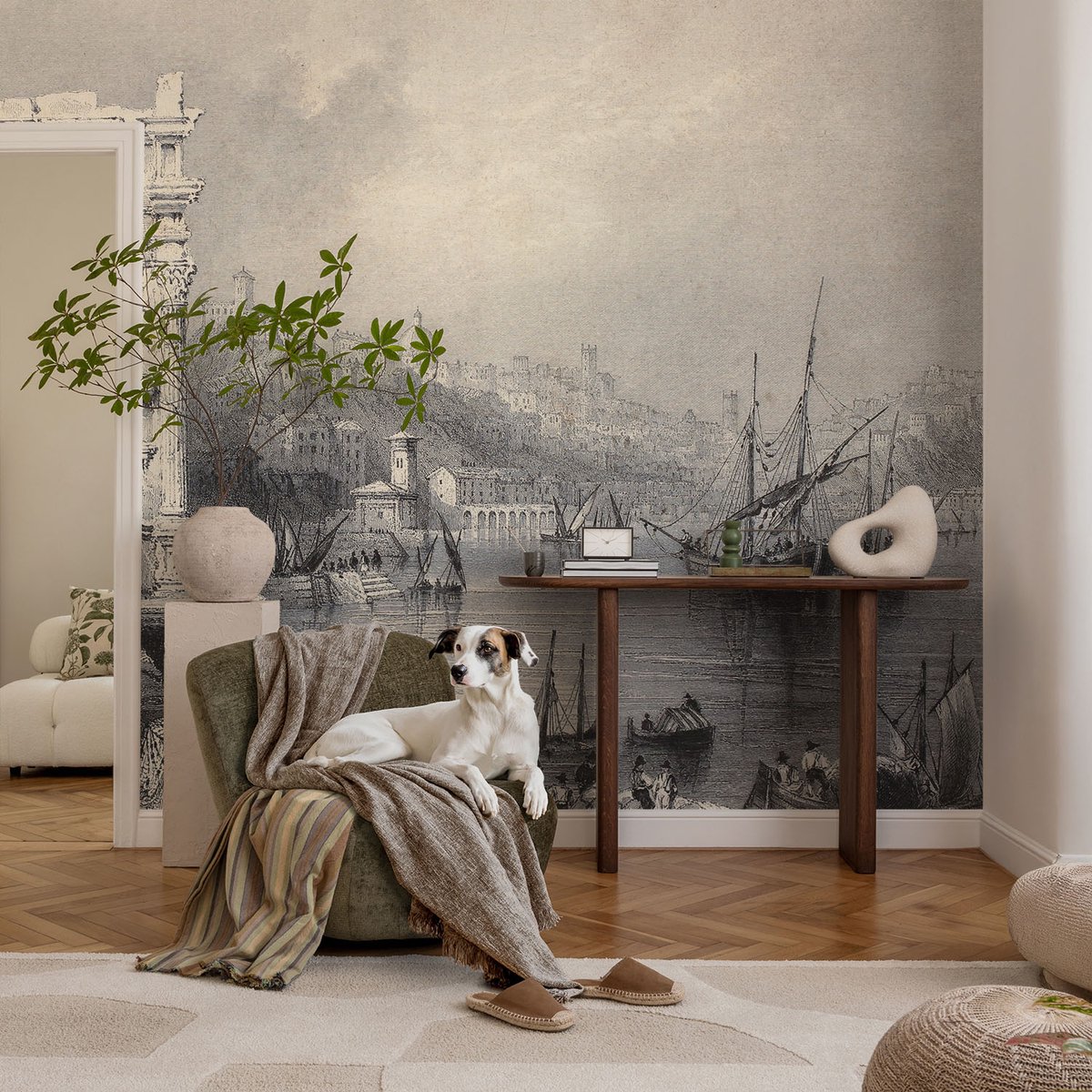 Coloray Vliesbehang - Grijs Snellijm Behang - 104x70 cm - Zeegezicht Muurschildering - Slaapkamer behang Architectuur - Fotobehang Vlies - Gang behang