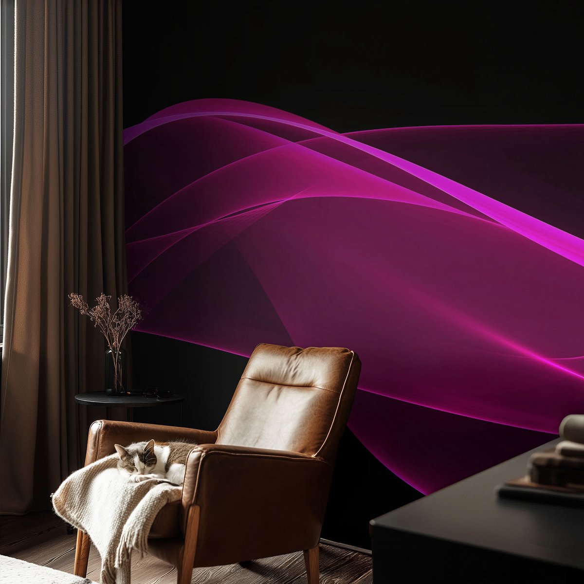 Coloray Vliesbehang - Zwart Snellijm Behang - 104x70 cm - Roze Linten Fotobehang Vlies - Woonkamer behang Abstractie - Muurschildering - Woonkamer behang