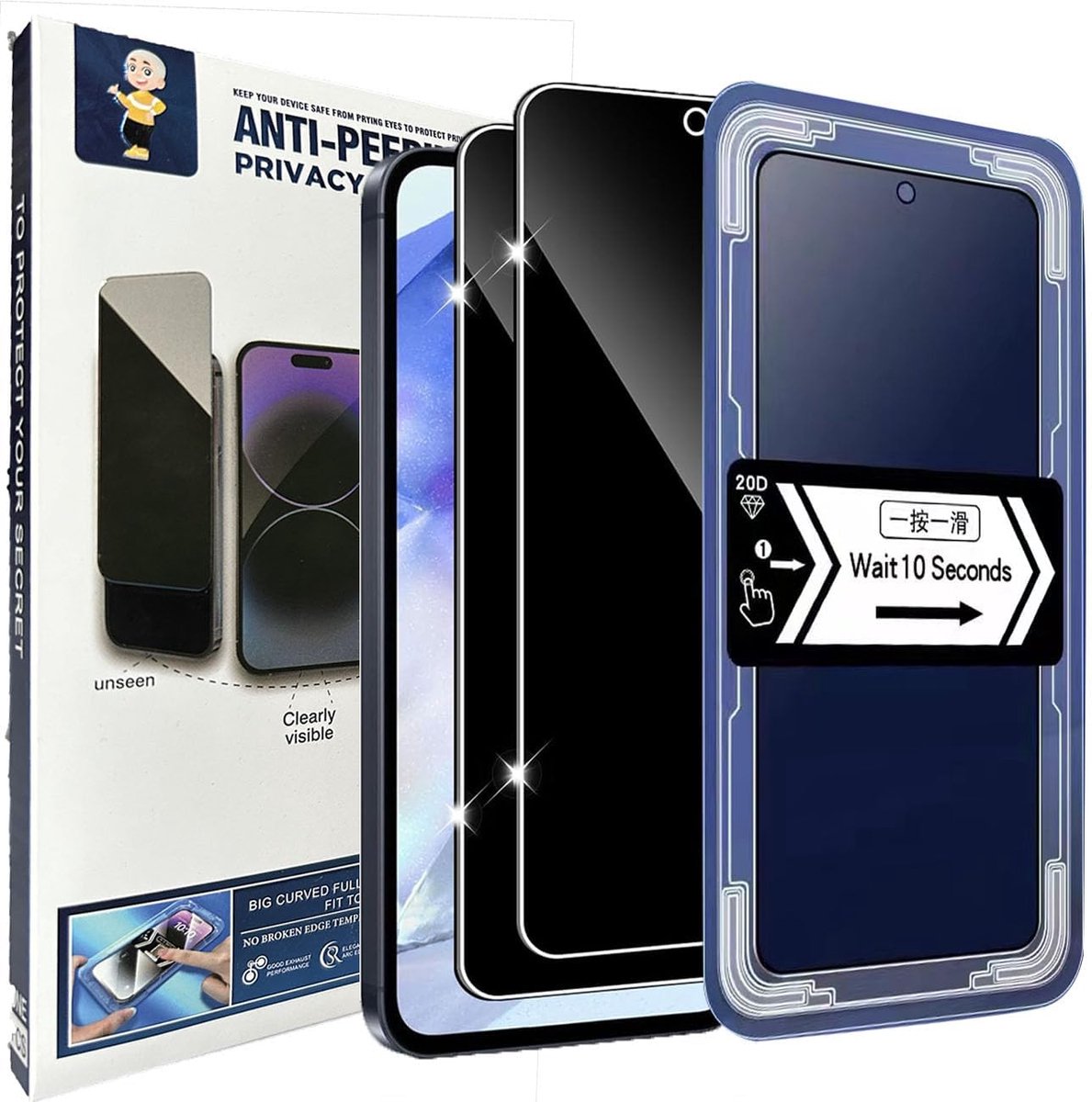 Beschermfolie voor Samsung Galaxy A55 5G, privacyscherm, anti-spaaien, beschermglas, privacy, displaybeschermfolie met positioneringshulp, 9H gehard glas, privacyfolie
