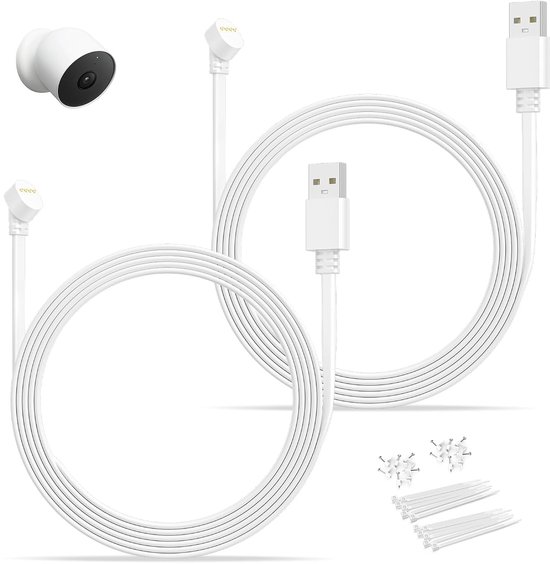 Platte Stroomkabel voor Google Nest Cam 2e Gen. 2-Pack 6M/20FT,Wit — afbeelding 2