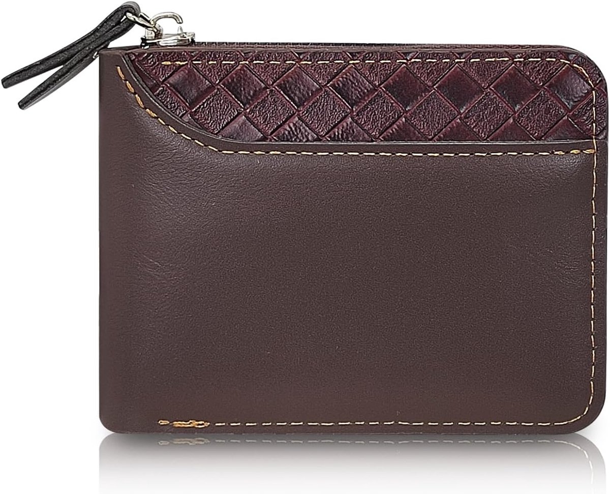 Portemonnee voor heren, lederen portemonnee met ritssluiting, kleine portemonnee, creditcardhouder, lederen portemonnee, modieus, slim wallet met muntzak en ID-venster, donkerbruin, 11.5 x