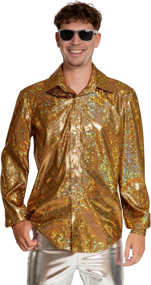 Disco Overhemd Mannen Jaren 70 Kleding Heren Disco Shirt Metallic Glanzend Shiny Hemd Lange Mouwen Carnaval Outfit Carnavalskostuum Discohemd - Maat S t/m 3XL