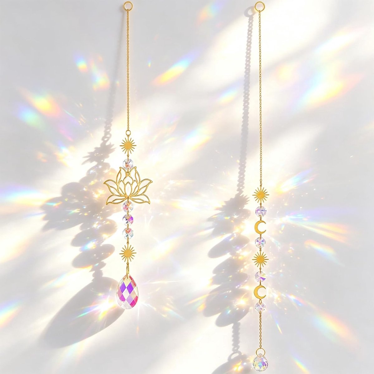 Zonnevanger kristal, lotusbloemen, gouden maan ster, 2 stuks