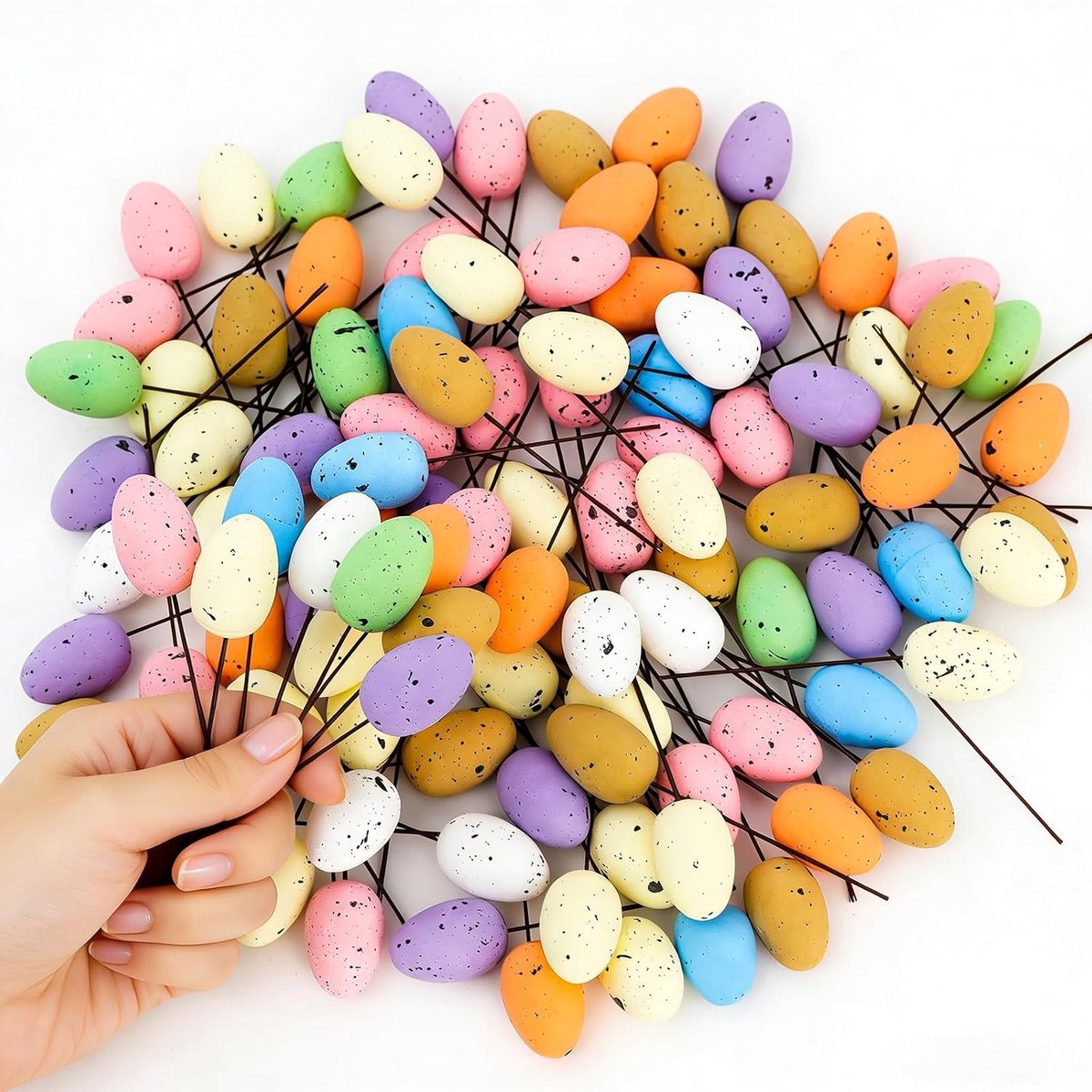 Mini Paas Schuimrubberen Eieren met Steeltjes, 120 Stuks, Gespikkelde Pastelkleurige Decoratieve Eierprikkers voor Mandvullers, Lentetafelversiering, Doe-het-zelf Knutselwerk