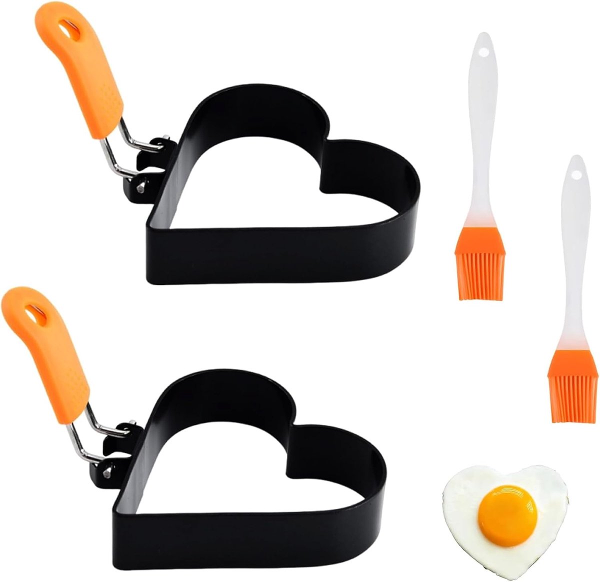 2 stuks spiegeleivorm, pannenkoekvorm, spiegeleivormen voor de pan, spiegelei-vorm, hartvormige eiervormer, eierringen met klapgrepen, roestvrij stalen eierring voor eierpan, uitgerust met borstel