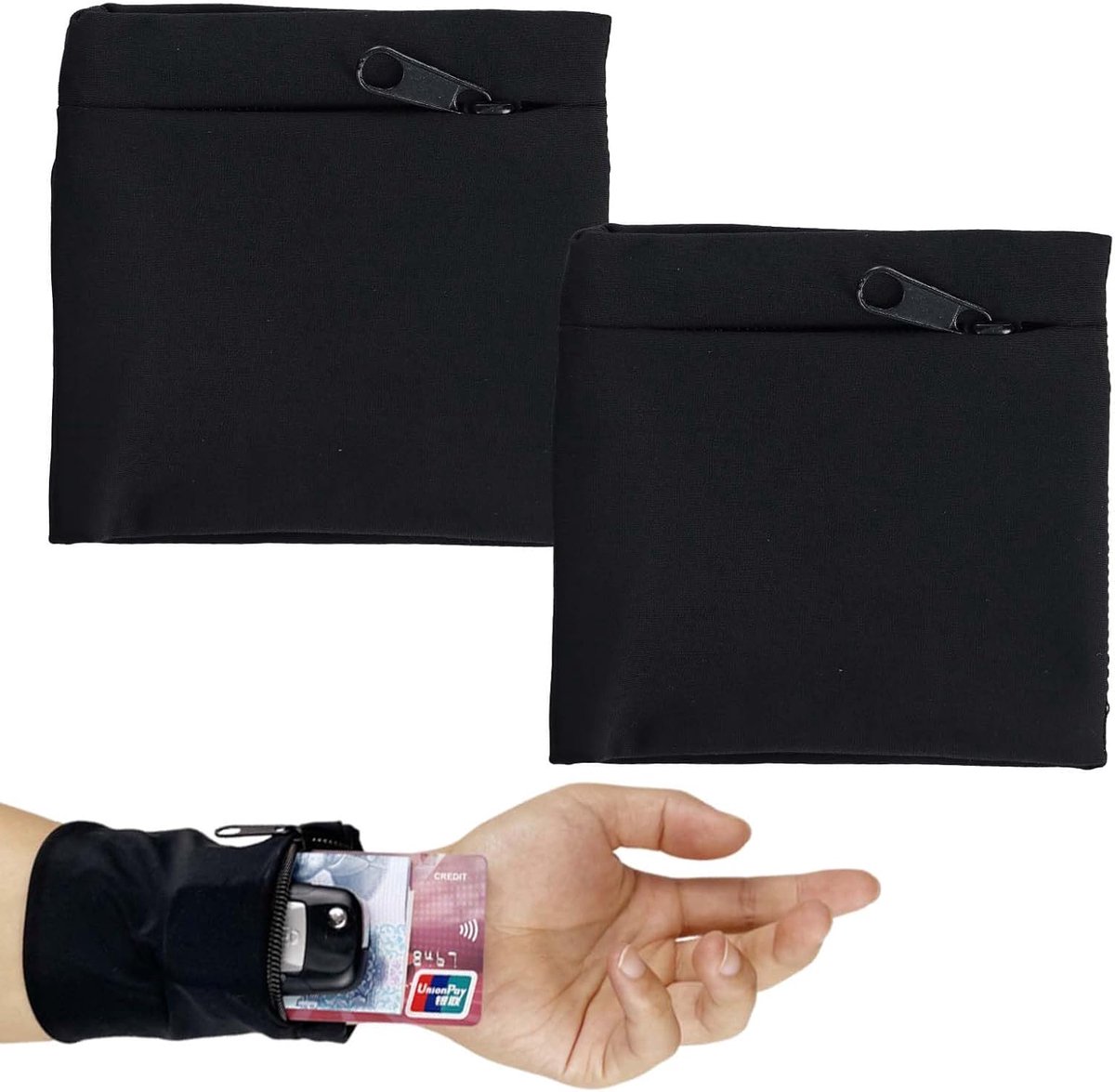 2 stuks polstas voor mannen en vrouwen, zweetband, sport, polsband, polstas, portemonnee met ritssluiting, draagbare pols-portemonnee voor basketbal, hardlopen, sport (zwart)