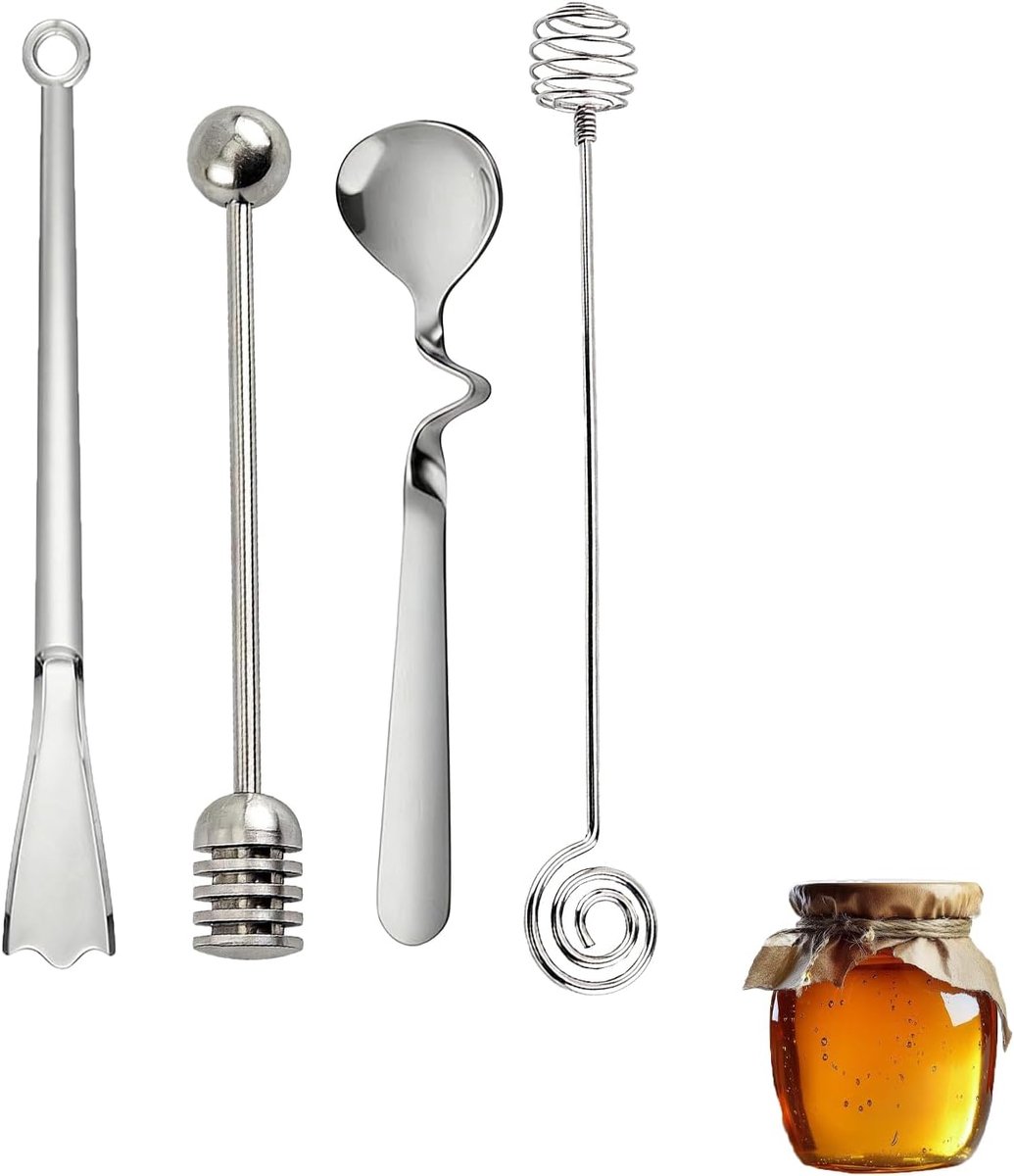 4 stuks honinglepels roestvrij staal, jamlepel, roerstaaf van roestvrij staal voor jam, honinglepel met spiraal, ophangbaar, voor jam, honing, yoghurt, koffie, melk