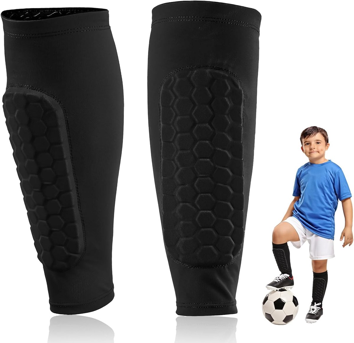 Scheenbeschermers voor kindervoetbal, zwarte scheenbescherming, voetbal voor kinderen, met honingraatpads, lichte scheenbeschermers voor bescherming van het scheenbeen tijdens het