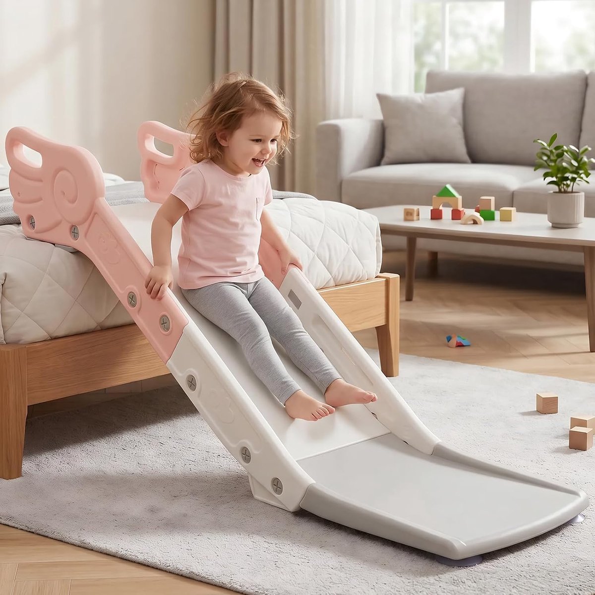Bankglijbaan voor kinderen, kinderglijbaan voor bank en bed, indoor speelglijbaan voor jongens en meisjes jaar (lichtroze)