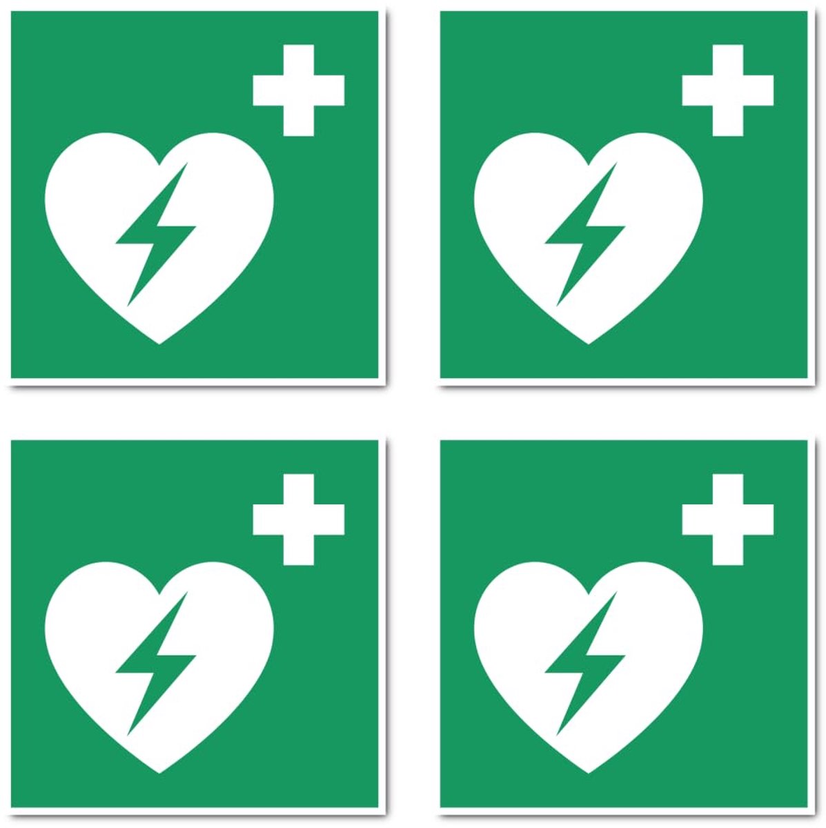 Externe defibrillator (AED), reddingstekens: E010 - DIN EN ISO 7010 / ASR A1.3 - sticker: 10 cm, 4 stuks